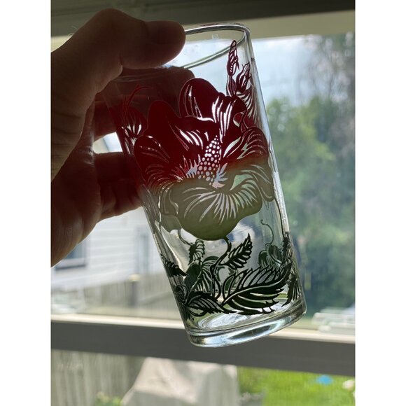 Hazel atlas Hawaiian hibiscus drinking glasses with caddy - 8 glasses - Picture 2 of 4